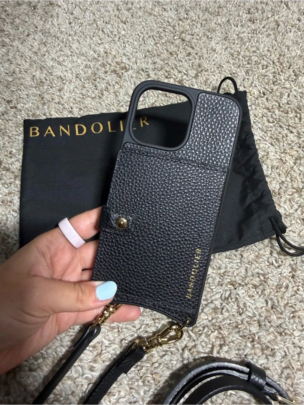 Bandolier Black Pebble Leather Crossbody iPhone 15 Pro Max Case Wallet + Strap